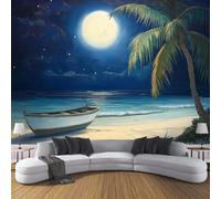 Carta Da Parati Effetto 3D Paesaggio Dipinto Ad Olio 350×256cm Palme In Riva Al Mare Fotomurali in seta,Blu Scuro Decorazione Poster Arte Murale Moderna per Casa Ufficio Camera Da Letto Soggiorno