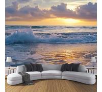 Carta Da Parati Effetto 3D Paesaggio Naturale 350×256cm Onde Dell'Alba Fotomurali in seta,Blu Giallo Decorazione Poster Arte Murale Moderna per Casa Ufficio Camera Da Letto Soggiorno