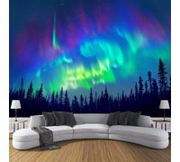 Carta Da Parati Effetto 3D Paesaggio Notturno 350×256cm Alberi Cielo Dell'Aurora Boreale Fotomurali in seta,Verde Acqua Decorazione Poster Arte Murale Moderna per Casa Camera Da Letto Soggiorno
