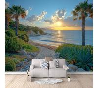 Carta Da Parati Effetto 3D Palme Da Cocco Sulla Spiaggia 300x256 cm Fotomurali Non Tessuto, Alba Sul Mare Decorazione Poster Arte Murale Moderna per Casa Ufficio Camera Da Letto Soggiorno.