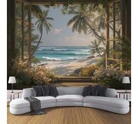 Carta Da Parati Effetto 3D Palme Fuori Dalla Finestra 250×170cm Fotomurali Non Tessuto, Spiaggia Onde Decorazione Poster Arte Murale Moderna per Casa Ufficio Camera Da Letto Soggiorno