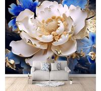 Carta Da Parati Effetto 3D Peonia Bianca 300x256 cm Fotomurali Non Tessuto, Petali Blu Decorazione Poster Arte Murale Moderna per Casa Ufficio Camera Da Letto Soggiorno.