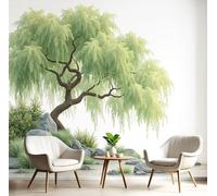 Carta Da Parati Effetto 3D Rocce Di Salice 400X280Cm Fotomurali Seta Verde Smeraldo, Decorazione Poster Arte Murale Paesaggio Cinese Per Casa Ufficio Camera Da Letto Soggiorno