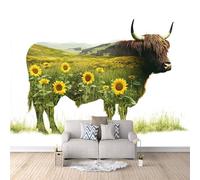 Carta Da Parati Effetto 3D Sagoma Di Bovini Delle Highlands 150x105 cm Fotomurali Non Tessuto, Alba Nella Foresta Decorazione Poster Arte Murale Moderna per Casa Ufficio Camera Da Letto Soggiorno.