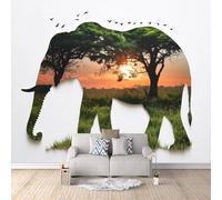 Carta Da Parati Effetto 3D Sagoma Di Elefante 150x105 cm Fotomurali Non Tessuto, Alba Nella Foresta Decorazione Poster Arte Murale Moderna per Casa Ufficio Camera Da Letto Soggiorno.