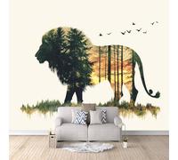 Carta Da Parati Effetto 3D Sagoma Di Leone 500x280 cm Fotomurali Non Tessuto, Alba Nella Foresta Decorazione Poster Arte Murale Moderna per Casa Ufficio Camera Da Letto Soggiorno.