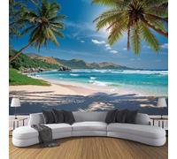 Carta Da Parati Effetto 3D Spiaggia Con Palme 450×315cm Fotomurali Non Tessuto, Isole Montagne Decorazione Poster Arte Murale Moderna per Casa Ufficio Camera Da Letto Soggiorno