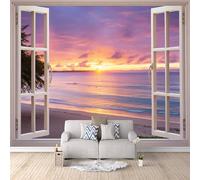Carta Da Parati Effetto 3D Spiaggia Mare Tramonto 150x105 cm Fotomurali Non Tessuto, Paesaggio Fuori Dalla Finestra Decorazione Poster Arte Murale Moderna per Casa Ufficio Camera Da Letto Soggiorno.