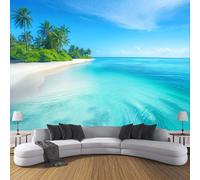 Carta Da Parati Effetto 3D Spiaggia Tropicale 350×256cm Palme Dell'Isola Fotomurali in seta,Azzurro Cielo Decorazione Poster Arte Murale Moderna per Casa Ufficio Camera Da Letto Soggiorno