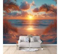 Carta Da Parati Effetto 3D Spiaggia Vista Mare 500x280 cm Fotomurali Non Tessuto, Tramonto Sul Mare Decorazione Poster Arte Murale Moderna per Casa Ufficio Camera Da Letto Soggiorno.