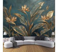 Carta Da Parati Effetto 3D Stile Arredamento Lusso 3D 450L × 315A cm Fotomurali Seta Oro, Decorazione Poster Arte Murale Foglie Tropicali Dorate Motivi Floreali Per Casa Camera Da Letto Soggiorno