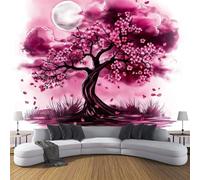 Carta Da Parati Effetto 3D Stile Dell'Inchiostro 350×256cm Albero Ciliegio Fiore Luna Piena Fotomurali in seta,Rosa Decorazione Poster Arte Murale Moderna per Casa Ufficio Camera Da Letto Soggiorno