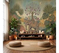 Carta Da Parati Effetto 3D Stile Etnico Retrò 300x210cm | Murales Elefante Albero Di Melograno Monstera Deliciosa Panorama Murale, Decorazione Poster Arte Murale per Casa Camera Da Letto Soggiorno