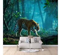 Carta Da Parati Effetto 3D Tigre 300x210 cm Fotomurali Non Tessuto, Scena Notturna Nella Foresta Decorazione Poster Arte Murale Moderna per Casa Ufficio Camera Da Letto Soggiorno.