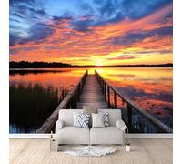 Carta Da Parati Effetto 3D Tramonto Sul Lago E Sul Ponte 250x175 cm Fotomurali Non Tessuto, Paesaggio Naturale Decorazione Poster Arte Murale Moderna per Casa Ufficio Camera Da Letto Soggiorno.