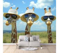 Carta Da Parati Effetto 3D Tre Giraffe Con Gli Occhiali 150x105 cm Fotomurali Non Tessuto, Animale Decorazione Poster Arte Murale Moderna per Casa Ufficio Camera Da Letto Soggiorno.