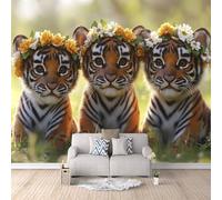 Carta Da Parati Effetto 3D Tre Piccole Tigri Che Indossano Ghirlande 500x280 cm Fotomurali Non Tessuto, Animale Decorazione Poster Arte Murale Moderna per Casa Ufficio Camera Da Letto Soggiorno.