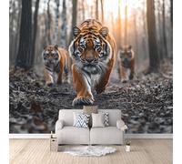 Carta Da Parati Effetto 3D Tre Tigri 300x256 cm Fotomurali Non Tessuto, Foresta Decorazione Poster Arte Murale Moderna per Casa Ufficio Camera Da Letto Soggiorno.