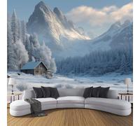 Carta Da Parati Effetto 3D Valle Foresta Casa Legno 200×140cm Fotomurali Non Tessuto, Piante Invernali Decorazione Poster Arte Murale Moderna per Casa Ufficio Camera Da Letto Soggiorno Bianco