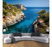 Carta Da Parati Effetto 3D Vista Mare Scogliera 400×280cm Fotomurali Non Tessuto, Acqua Mare Natura Isole Decorazione Poster Arte Murale Moderna per Casa Ufficio Camera Da Letto Soggiorno Blu