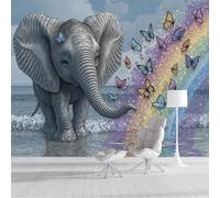 Carta Da Parati Elefante Che Spruzza Arcobaleni, Soggiorno Muralo Animale Dei Cartoni Animati, Arte Murale Moderna Grigio per Camera Dei Bambini 150x105cm