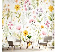 Carta da parati Erba, 150x105cm Fotomurali in Seta Fiori Di Campo Ad Acquerello Decorazione da Muro XXL Poster Gigante Design per Ufficio TV Sfondo, Giallo