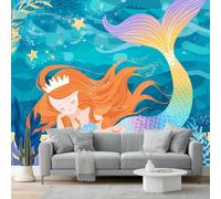 Carta Da Parati Fantasia Dei Cartoni Animati Blu Sirena Alga 3D Fotomurale - Design Moderno In Tessuto Non Tessuto Per Soggiorno, Camera Da Letto, Cucina, - Murale 350 X 256 Cm