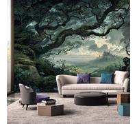 Carta da parati fantasy in tessuto non tessuto con castello nella foresta incantata, ideale per interni di soggiorno, cucina e camera da letto. Decorazione murale fantasy, 350 cm x 256 cm.
