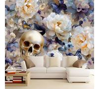 Carta da parati Farfalla Fiori Teschio Fotomurali non tessuti, Colore Decorazione da Muro, 400 x 280 cm Mistero Poster Gigante Design Carta per la casa in bagno