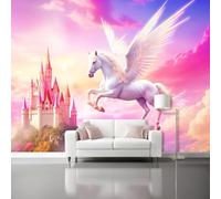 Carta Da Parati Fiabe Fantasy Rosa Pegaso Castello 3D Fotomurale - Design Moderno In Tessuto Non Tessuto Per Soggiorno Camera Da Letto Cucina - Murale 200 X 140 Cm