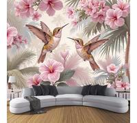 Carta da parati Fiore Ibisco Della Giungla Motivo Colibrì 200L × 140A cm Fotomurali in TNT Murale Illustrazione Fiori E Uccelli Tropicali Decorazione da Muro Poster Gigante Carta pareti Rosa Verde