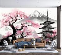 Carta Da Parati Fiori di ciliegio, pagode e il monte Fuji 400x280cm Wallpaper Carta Da Parati Murale 3D, Stile pittura a inchiostro Per Soggiorno E Camera Da Letto,Nero e rosa