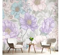 Carta Da Parati Fiori Romantici - Carta A Contatto Stile Line Art Tessuto Di Seta Murale Decorazione da Muro XXL per Camera Da Letto Soggiorno Sala Da Pranzo 300x210cm, Malva