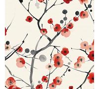 Carta da Parati Fiori Rossa, 44 x 300 cm Carta da Parati Floreale Beige e Nero Ramo Parato Adesivo Fiori di Prugna Alberi Piante Boho Pellicola Adesiva per Mobili,Camera da Letto,Soggiorno,Bagno