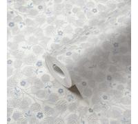 Carta Da Parati Floreale Con Fiori E Foglie Discreti - Bianco, Grigio, Blu