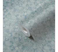 Carta Da Parati Floreale In Velo Con Foglie E Fiori - Blu, Bianco