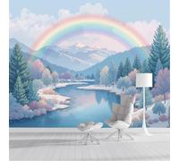 Carta Da Parati Foresta Del Fiume Arcobaleno, Soggiorno Muralo Paesaggio Acquerello Da Sogno, Arte Murale Moderna Azzurro Chiaro per Camera Dei Bambini 200x140cm