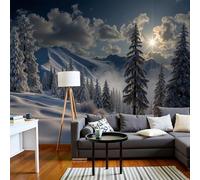 Carta Da Parati Fotografica 250L×175Acm Paesaggio Invernale Nella Foresta | La Luce Sole Splende Attraverso Le Nuvole Decorazione Murale Soggiorno Camera Da Letto | Blu E Bianco