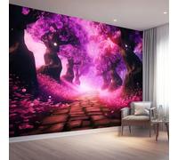 Carta da Parati Fotografica 300 x 210 cm Grande Sfondo per TV, Fantasia Alberi Viola Sentiero Fiorito Poster Gigante Design Cameretta Carta per Pareti Viola Decorazione Tessuto Non Tessuto 3D