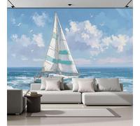 Carta Da Parati Fotografica 3D Effetto Gabbiani Barche Vela Strisce, Non Include Colla, Paesaggio Oceanico Azzurro Cielo Carta Per Pareti Soggiorno Camera Da Letto Sala Fotomurali Poster, 200X140Cm