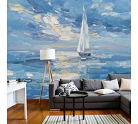 Carta Da Parati Fotografica 3D Effetto Oceano Barche A Vela Paesaggio, Non Include Colla, Dipinto Ad Olio Astratto Blu Carta Per Pareti Soggiorno Camera Da Letto Sala Fotomurali Poster, 350X256Cm