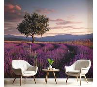 Carta Da Parati Fotografica 3D Effetto Provenza Campi Lavanda,200×140cm Fotomurali Moderna Decorazione XL Poster Gigante Tramonto Campi Design Carta, Fotomurali In Tessuto Non Tessuto TNT Viola