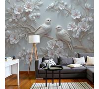 Carta Da Parati Fotografica 3D Effetto Uccelli Giardino Rilievo, Non Include Colla, Paesaggio Cinese Bianco Avorio Carta Per Pareti Soggiorno Camera Da Letto Sala Fotomurali Poster, 250X175Cm
