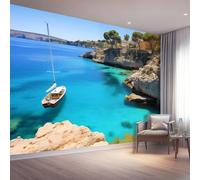 Carta Da Parati Fotografica 400 x 280 cm, Mediterraneo Barche a Vela Costa Murale da Soggiorno Camera Decorazione da Muro - Blu Poster Gigante Design Carta per Mobili Camera da Letto Bagno