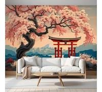 Carta Da Parati Fotografica Alberi Ciliegio In Fiore Dipinti Cancello Torii,450L×315Acm Effetti 3D Murale Paesaggi Giapponesi Poster Decor Da Parete Per Soggiorno Muro Di Sfondo,Rosa