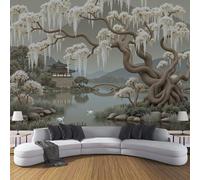Carta Da Parati Fotografica Alberi Del Lago Del Giardino, Pittura Paesaggistica Cinese Poster Giganti Da Parete, Grigio-Verde Fotomurale Carta Parati per Decorazione Da Muro per Soggiorno 150x105cm