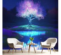 Carta Da Parati Fotografica Albero Luminoso, Realismo Magico Design Carta per Pareti Soggiorno Camera Da Letto Sala Fotomurali, Viola Blu Tessuto di Seta Murale, 400Lx280A cm