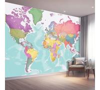 Carta da parati fotografica autoadesiva Geografia Mappa del Mondo Continenti per la casa per soggiorno, carta da parati staccabile e attaccabile Azzurro chiaro murale per cameretta 350 x 256 cm