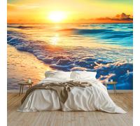 Carta da parati fotografica Bellissima Spiaggia Tramonto 200 x 140 cm Vello Decorazione Murale Soggiorno Camera Da Letto D'Oro, per soggiorno, camera da letto, resistente ai raggi UV