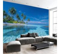 Carta da Parati Fotografica, Carta da Parati Murale con Stampa Acqua Di Mare Palme Isole Tropicali 3D, 300Lx210A cm Azzurro Fotomurali Bagno Wallpaper Cucina Camera Decorazione Murali